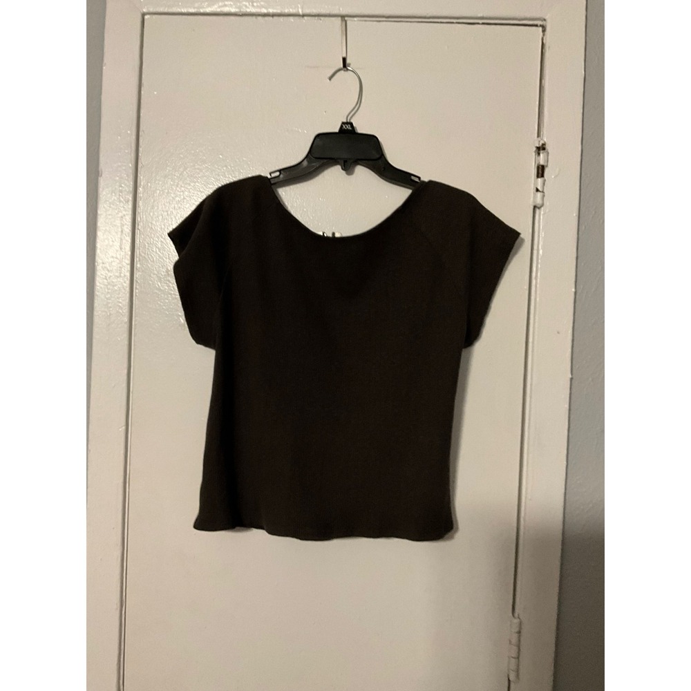 Aerie Open Draped Back Ribbed Short Sleeve Top Charcoal Grey XXL NWOT